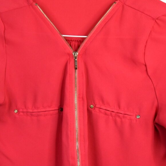 Active USA Blouse M Womens Zip Front Long Sleeve Pink Polyester Roll Tab Top - Picture 3 of 8